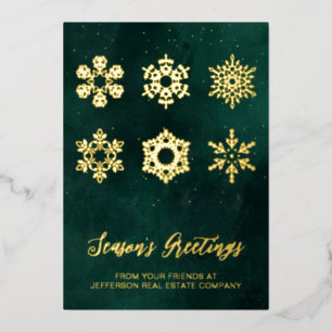 Carte De Vœux En Aluminium Moderne Green Gold Snowflakes Business