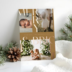 Carte De Vœux En Aluminium Moderne Merry Bright Gras Typographie 3 Photo Gold