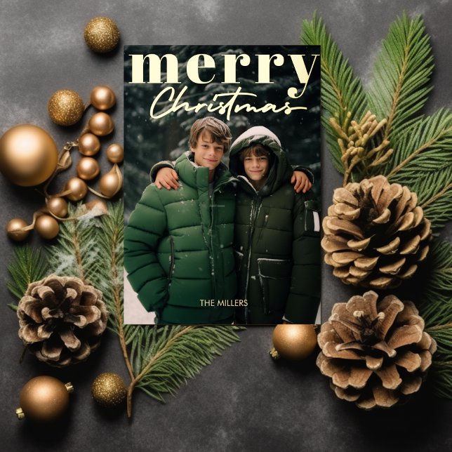 Carte De Vœux En Aluminium Moderne minimal Joyeux Noël 1 Photo Élégant (Modern Minimal Merry Christmas 1 Photo Elegant Foil Holiday Card)