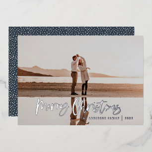 Carte De Vœux En Aluminium Moderne minimum 1 photo marine script bleu Noël