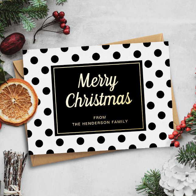 Carte De Vœux En Aluminium Moderne Noël Or Script Noir Blanc (Modern Black White Polka Dots Merry Christmas Gold Foil Holiday Card)