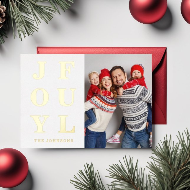 Carte De Vœux En Aluminium Moderne Photo De Noël Joyeux Or (Elegant Joyful One Photo Christmas Gold Foil Holiday Card)