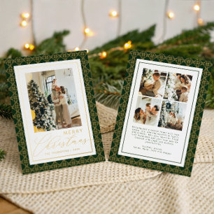Carte De Vœux En Aluminium Moderne Photo de Noël Vert et Jaune à Carreaux Dor