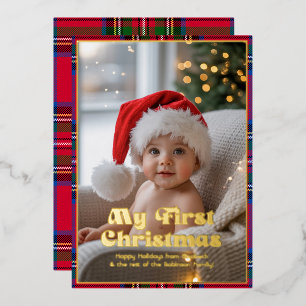 Carte De Vœux En Aluminium Mon premier bébé Noël Photo Tartan à carreaux