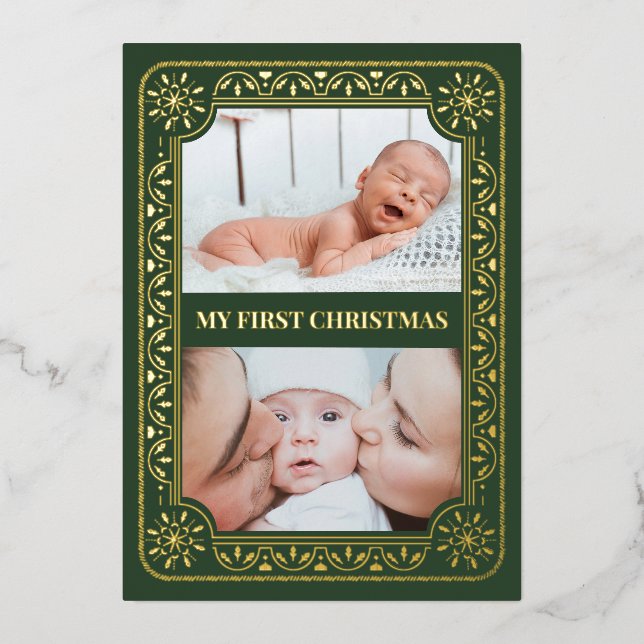 Carte De Vœux En Aluminium Mon premier Noël 2 Photo Keepsaké Gold (Recto)