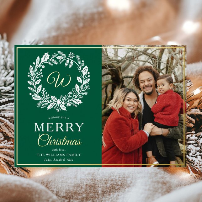 Carte De Vœux En Aluminium Monogram Green Wreath Joyeux Noël Photo (Créateur téléchargé)