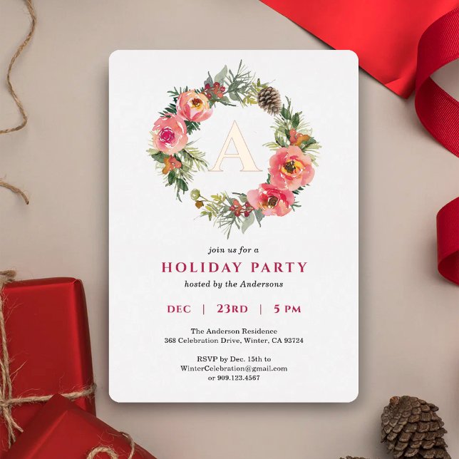 Carte De Vœux En Aluminium Monogram Pink Wreath Botanical Christmas Party  (Créateur téléchargé)