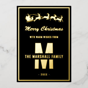Carte De Vœux En Aluminium Monogramme en or noir simple Nom de famille Noël