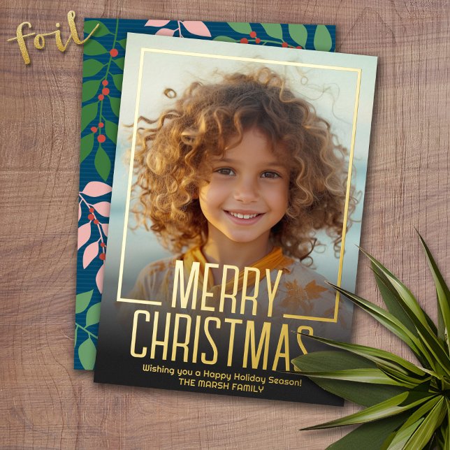 Carte De Vœux En Aluminium Moody Turquoise Botanique Joyeux Noël Frontière Ph (Photo Christmas Card with Gold Foil Accent - Modern Merry Christmas)
