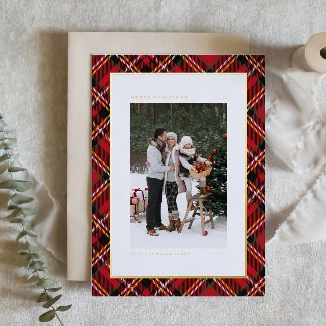 Carte De Vœux En Aluminium Motif rouge classique Joyeux Noël photo (Classic Red Plaid Pattern Merry Christmas Photo Foil Holiday Card)