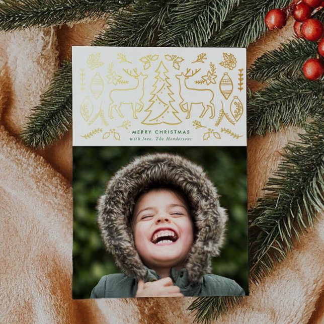 Carte De Vœux En Aluminium Motif scandinave Photo Gold (Scandinavian Pattern Christmas Photo Gold Foil Holiday Card)