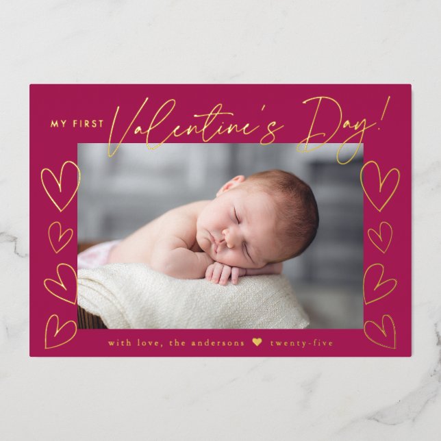 Carte De Vœux En Aluminium My First Valentine's Day Script Fuchsia Photo (Recto)