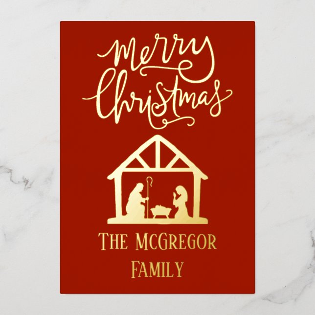 Carte De Vœux En Aluminium Nativité Élégante Noël Nom de famille (Recto)