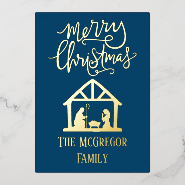 Carte De Vœux En Aluminium Nativité Élégante Noël Nom de famille Bleu (Recto)