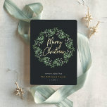 Carte De Vœux En Aluminium Naturellement Joyeux | Aquarelle Noël<br><div class="desc">Envoyez des salutations de vacances à vos amis et votre famille dans le style chic avec nos cartes élégantes. Une couronne gracieuse de faux-pied couleur vert tendre encadre le "joyeux noël" de bienvenue en feuille d'or typographie lettrée, avec votre message personnalisé, les noms, et l'année en dessous. Un design simple...</div>