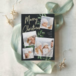 Carte De Vœux En Aluminium Naturellement Joyeux | Christmas Photo Collage<br><div class="desc">Notre magnifique carte photo de vacances rustique chic dispose de quatre de vos photos de famille de carrés préférées dans une mise en page collage. "Joyeux Noël" apparaît en haut dans la main lettrée feuille d'or typographie sur un doux arrière - plan off-black accentué par le vert foncé luxuriant aquarelle...</div>