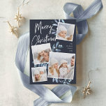 Carte De Vœux En Aluminium Naturellement Joyeux | Christmas Photo Collage<br><div class="desc">Notre magnifique carte photo de vacances rustique chic dispose de quatre de vos photos de famille de carrés préférées dans une mise en page collage. "Joyeux Noël" apparaît en haut dans la main lettrée en feuille d'argent typographie sur un arrière - plan de la marine accentué avec le feuillage botanique...</div>
