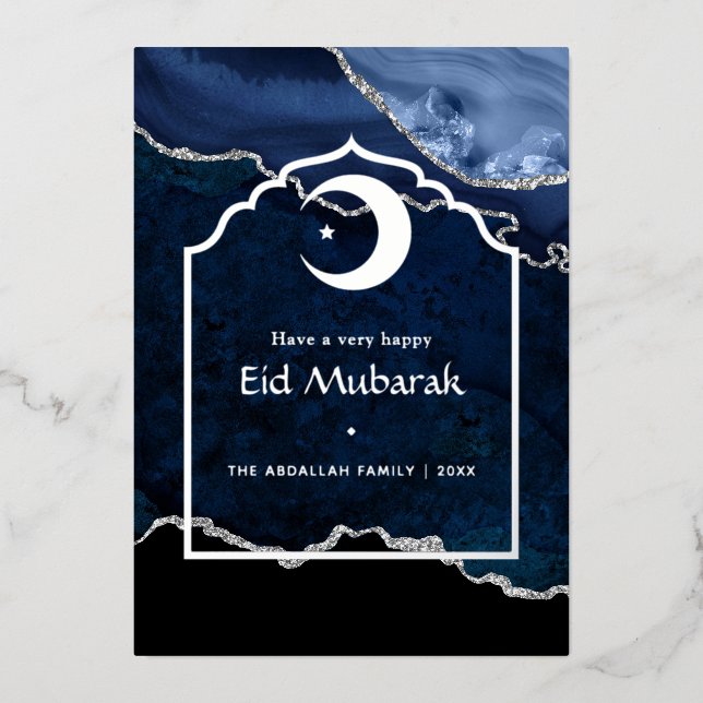 Carte De Vœux En Aluminium Navy et Agate argent Eid Mubarak (Recto)
