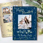 Carte De Vœux En Aluminium Navy Hanukkah 5 Photo Hand Drawn Doodles Real Gold<br><div class="desc">“Happy Hanukkah.” It's that time to touch base with your family and friends to celebrate Hanukkah and usher in the festival of lights. On the front, fun, whimsical real gold foil handwritten script typography and real gold foil hand drawn Hanukkah icon doodles, along with the photo of your choice, overlay...</div>