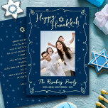 Carte De Vœux En Aluminium Navy Hanukkah Photo Hand Drawn Your Note Real Gold<br><div class="desc">“Happy Hanukkah.” It's that time to touch base with your family and friends to celebrate Hanukkah and usher in the festival of lights. On the front, fun, whimsical real gold foil handwritten script typography, Star of David, hand drawn Hanukkah dreidels and light turquoise blue sparkles, along with the photo of...</div>