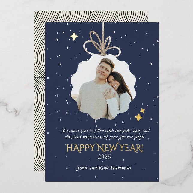 Carte De Vœux En Aluminium New Years Foil Greeting Card with Photo Ornament (Recto/Verso)