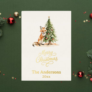 Carte De Vœux En Aluminium Noël arbre renard mignon photo année en examen
