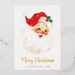 Carte De Vœux En Aluminium Noël au Père Noël Vintage<br><div class="desc">Aucune photo n'est nécessaire pour cette mignonne carte de Noël avec un Père Noël vintage avec "Joyeux Noël" le long de votre nom de famille et l'année en véritable feuille d'or. Cette carte de Noël non photo est sûr d'envoyer des encouragements de vacances à vos proches.</div>