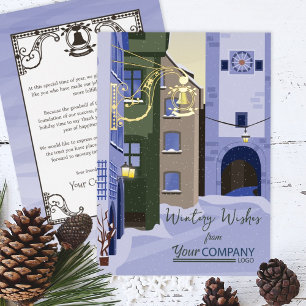 Carte De Vœux En Aluminium Noël Bleu Or Nostalgique avec Logo de l'Entreprise