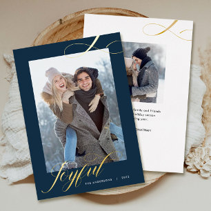 Carte De Vœux En Aluminium Noël Elegant Script Joyful Photo Gold