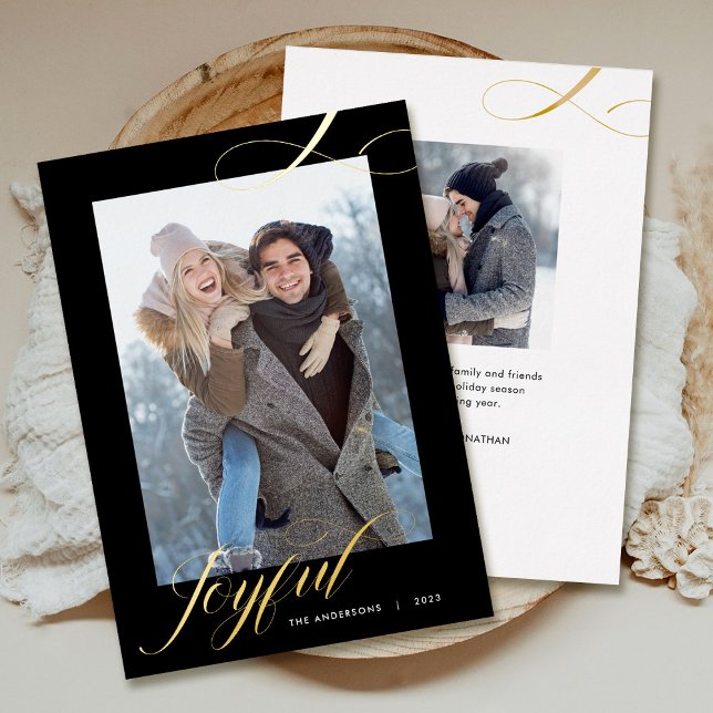 Carte De Vœux En Aluminium Noël Elegant Script Joyful Photo Gold (Créateur téléchargé)