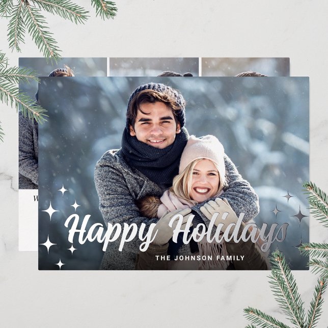 Carte De Vœux En Aluminium Noël étincelant 4 PHOTOS Salutation Argent (Customizable Christmas holiday greeting photo card with real foil print.)