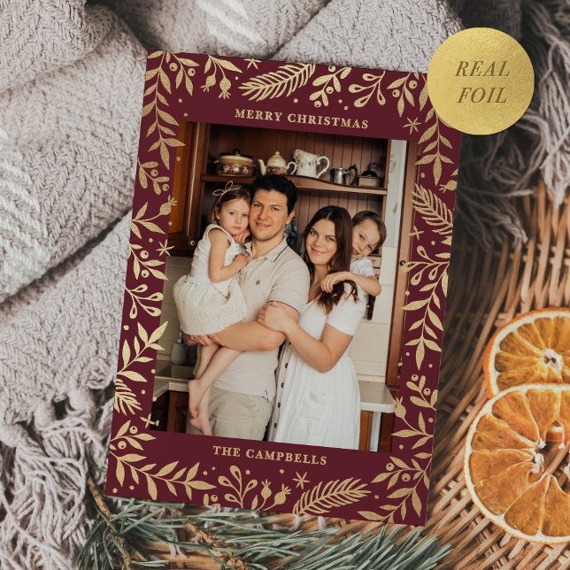 Carte De Vœux En Aluminium Noël Folal Floral Photo Merlot Gold (Créateur téléchargé)