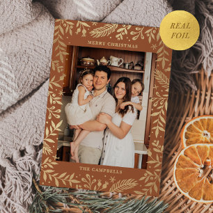 Carte De Vœux En Aluminium Noël Folk Floral Photo Terracotta Gold