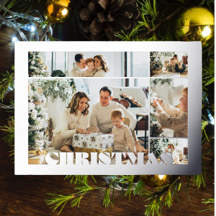 Carte De Vœux En Aluminium Noël Lettres Modernes Cinq Photos Famille Argent