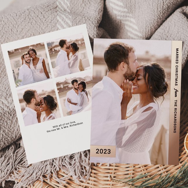 Carte De Vœux En Aluminium Noël marié | Rose Gold Newlysée Multi Photo (An elegant, rose gold foil holiday multi photo card for your first married Christmas)