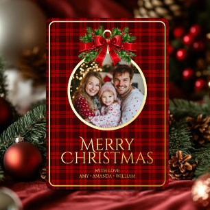 Carte De Vœux En Aluminium Noël moderne Tartan Rouge Plaids Famille Photo