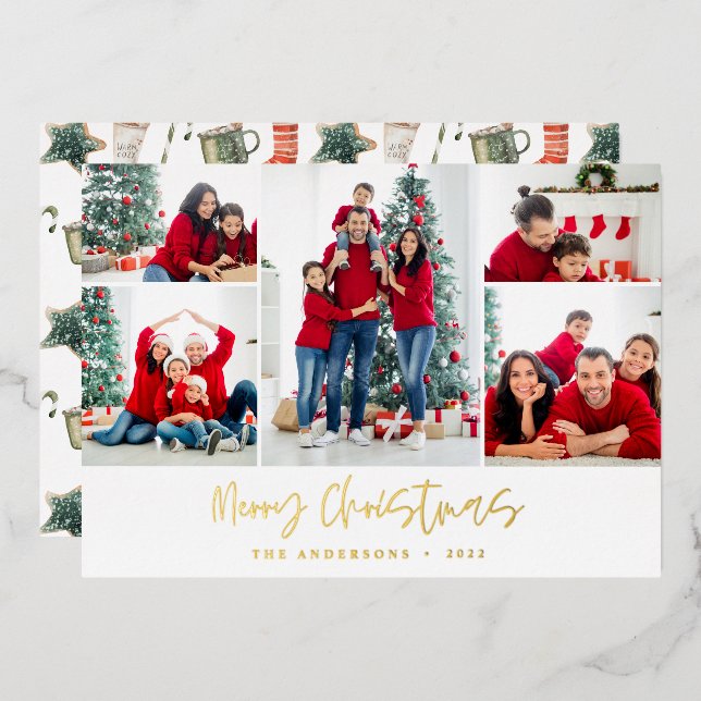 Carte De Vœux En Aluminium Noël multi photo script moderne rouge et vert (Recto/Verso)