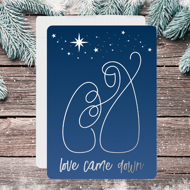 Carte De Vœux En Aluminium Noël Nativité Moderne Ligne Minimale Art Bleu (Holy Family line art under a starry night.)