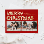 Carte De Vœux En Aluminium Noël Rouge scandinave à deux photos<br><div class="desc">Envoyez une fête avec notre carte de Noël personnalisable en deux photos, avec une typographie de style scandinave. Cette carte de Noël en feuille d'or allie à merveille esthétique moderne et esprit festif, vous permettant de présenter deux de vos photos préférées. La typographie moderne est complétée par un design minimaliste...</div>