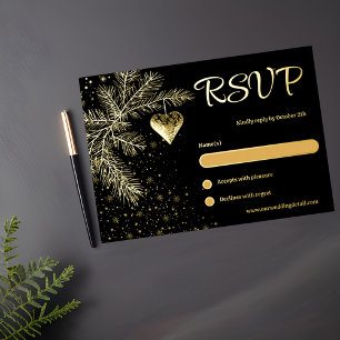 Carte De Vœux En Aluminium Noir et or Noël Mariage d'hiver RSVP