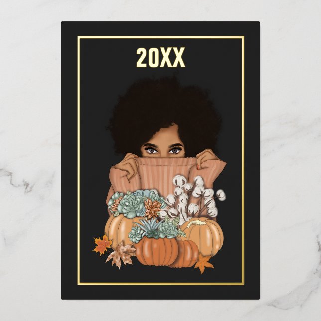 Carte De Vœux En Aluminium Noir et Or Saisonnière Automne (Recto)