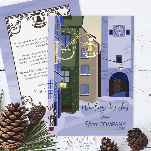 Carte De Vœux En Aluminium Nostalgique Logo Entreprise Bleu Or Noël (Light Blue Snow Nostalgic Bavarian Company Holiday Greeting Cards Rothenburg, Germany Business Logo)