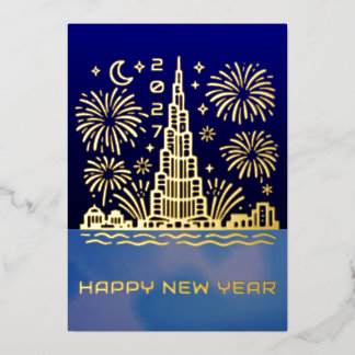 Carte De Vœux En Aluminium Nouvelle Année Feux d'Artifice Dubaï 2027 Or