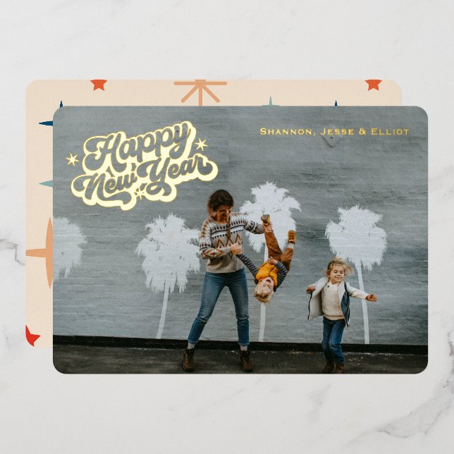 Carte De Vœux En Aluminium Nouvelle Année Rétro Étincelante Une Photo Or (Recto/Verso)