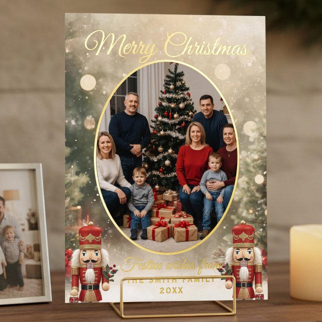 Carte De Vœux En Aluminium Nutcracker Family Photo Joyeux Noël (Luxurious real foil holiday card with space for your photo and name)