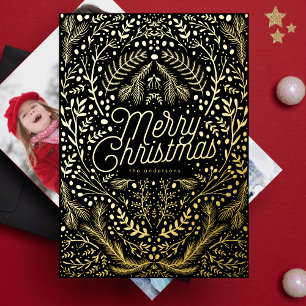Carte De Vœux En Aluminium Onyx Black Gold Foliing & Berries Joyeux Noël