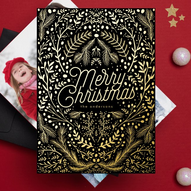 Carte De Vœux En Aluminium Onyx Black Gold Foliing & Berries Joyeux Noël (Créateur téléchargé)