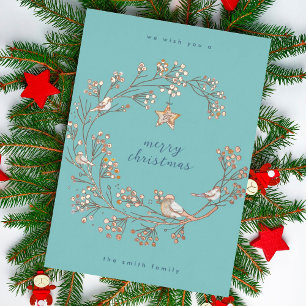 Carte De Vœux En Aluminium Or Couronne de Noël Bleu Glace Hiver Nouvel An