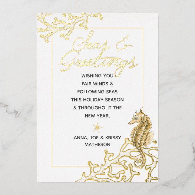 Carte De Vœux En Aluminium Or et Blanc Mers et Salutations Noël Nautique (Recto)