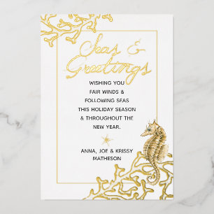 Carte De Vœux En Aluminium Or et Mers Blanches & Salutations Noël Nautique